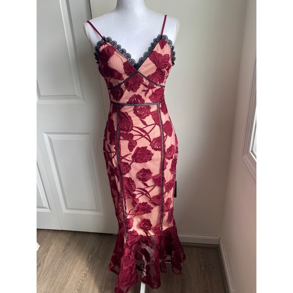 Lulus Dresses & Skirts - Lulus Burgundy Floral Lace Midi Dress XS Sheer Mesh Bodycon Slip Dress